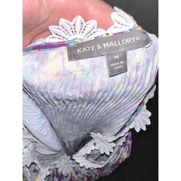 Kate & Mallory Pleated Chiffon 3/4 Bell Sleeve Crochet Trimmed Off Shoulder Top - Picture 6 of 7